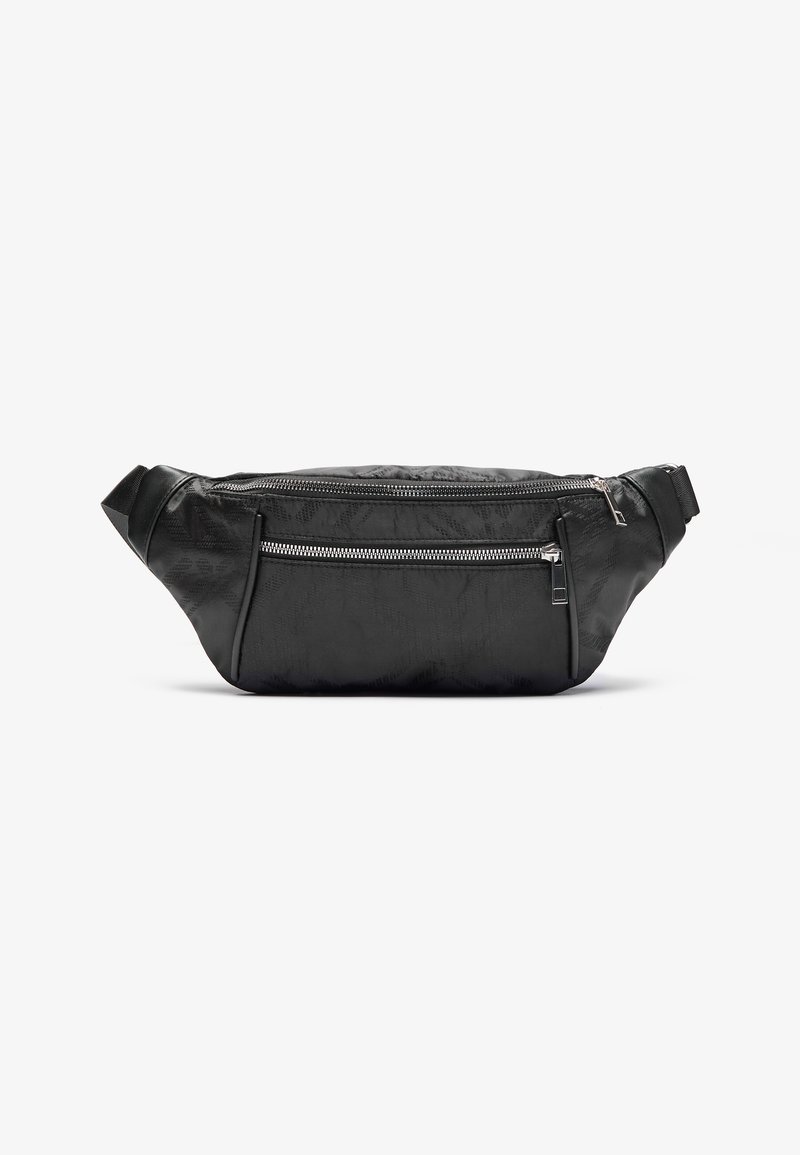 Black fanny pack made of textured synthetic material, featuring multiple zippered compartments and an adjustable strap.