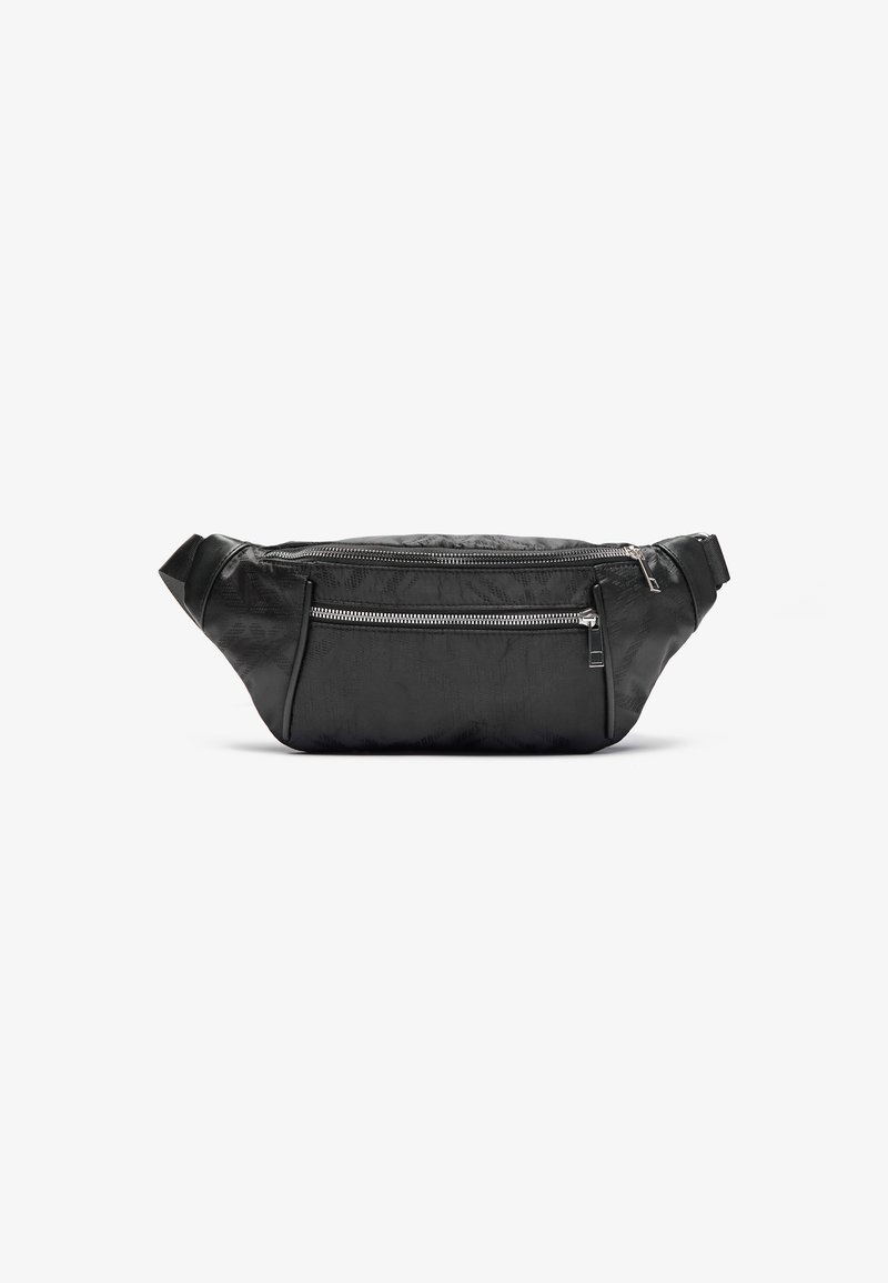 Black fanny pack made of textured synthetic material, featuring multiple zippered compartments and an adjustable strap.