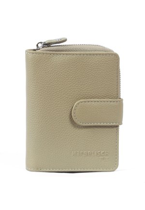 Portafoglio in pelle beige con finitura testurizzata, dotato di chiusura con zip e patta con bottone a scatto. Logo impresso nella parte inferiore anteriore.
