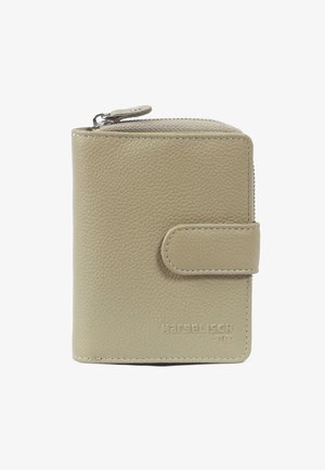 Beige Leder-Geldbörse mit strukturiertem Finish, ausgestattet mit einem Reißverschluss und einem Druckknopfverschluss. Geprägtes Logo an der unteren Vorderseite.