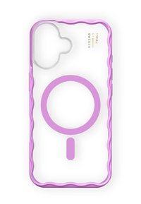 Caurs telefona apvalks ar viļņotu purpura malu, kuru rotā liels rozā MagSafe aplis un izgriezums kamerai.