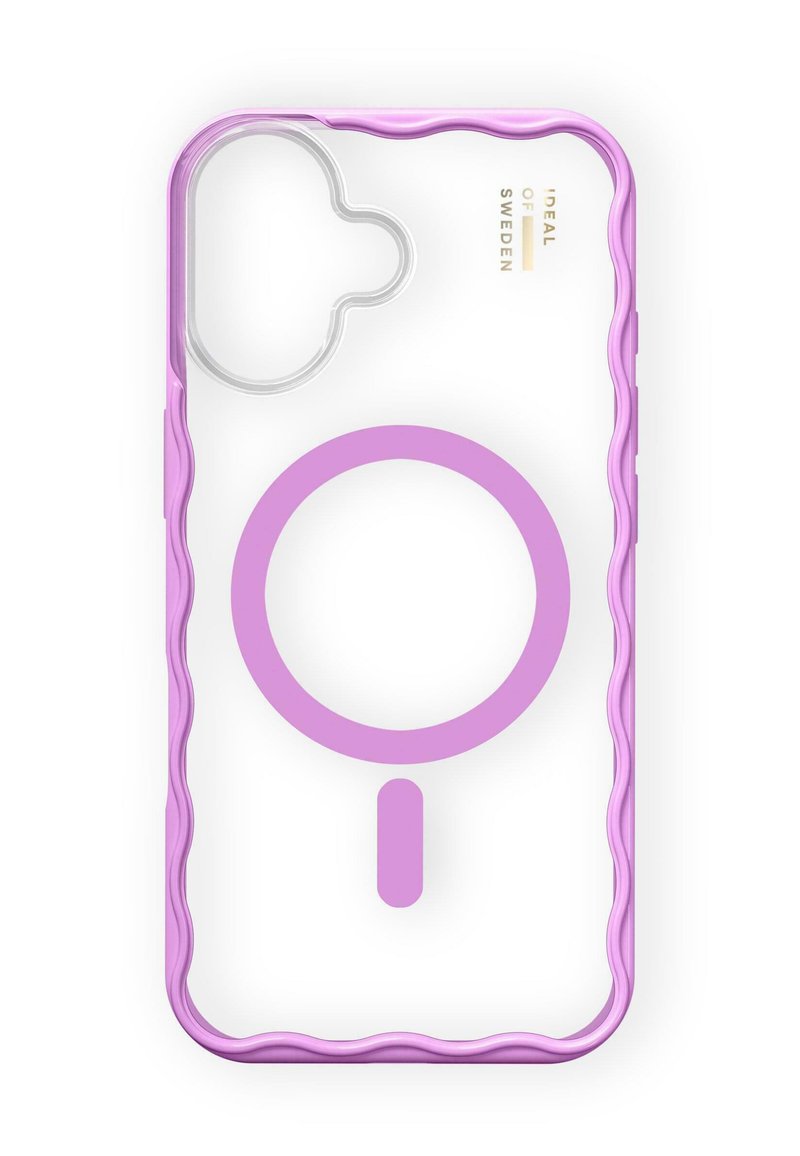 Caurs telefona apvalks ar viļņotu purpura malu, kuru rotā liels rozā MagSafe aplis un izgriezums kamerai.