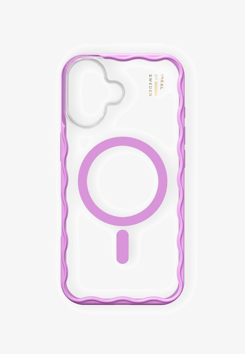Duidelijke telefoonhoes met een golvende paarse rand, voorzien van een groot roze MagSafe-cirkelontwerp en een uitsparing voor een camerale lens.