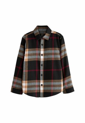 Chemise à manches longues boutonnée à carreaux noirs, gris, marron, blanc et rouge, avec un col classique.