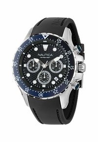 Must värvi Nautica kell ümmarguse näo, roostevabast terasest korpus, kummirihm, tekstureeritud must kellanägu, kolm aliekraanide ning sinine kroon.
