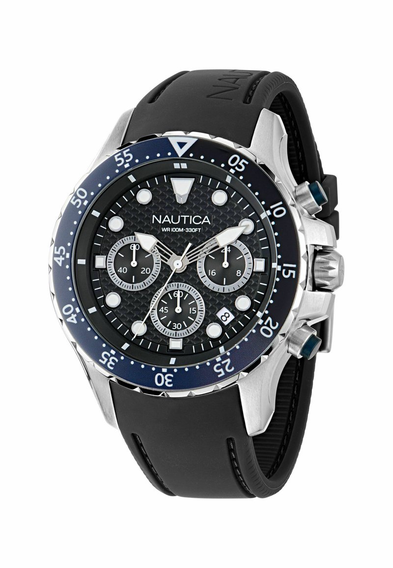 Must värvi Nautica kell ümmarguse näo, roostevabast terasest korpus, kummirihm, tekstureeritud must kellanägu, kolm aliekraanide ning sinine kroon.