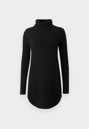 Pull en col roulé noir avec des manches longues, texture côtelée et ourlet arrondi. Fabriqué en maille douce.