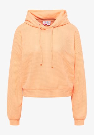 Világos narancssárga, cropped fazonú kapucnis pulóver texturált waffle mintával, húzózsinórral ellátott kapucnival és bordás mandzsettákkal, valamint aljjal. Puha anyag, laza szabással.