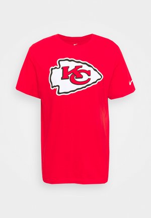 Red cotton t-shirt with short sleeves, featuring a large white and black Kansas City Chiefs logo on the front and a small Nike logo on the sleeve.