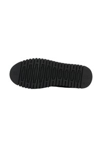 Suela de zapato de goma negra con una superficie texturizada y múltiples ranuras horizontales para un mejor agarre. Presenta acentos elevados en forma circular y una punta redondeada.