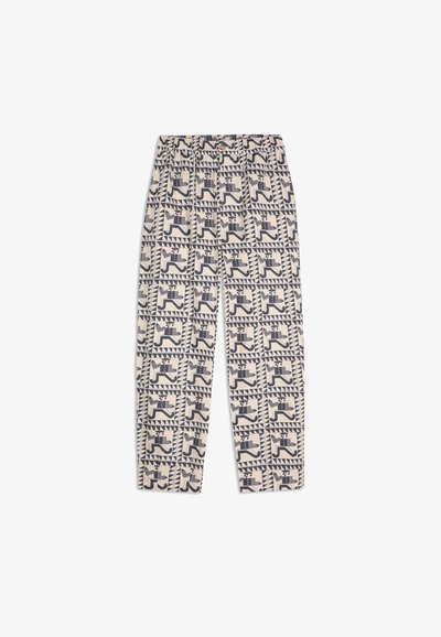 Beige broek met elastische tailleband, knoopsluiting en zwart geometrisch patroon met gestileerde hardloopfiguren in vierkanten.