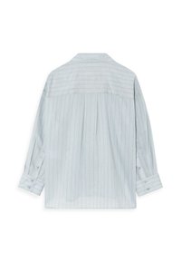 Light blue long-sleeve shirt with vertical stripes, buttoned cuffs and collar, featuring a relaxed fit and soft fabric texture.