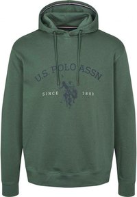 Zelená bavlněná mikina s kapucí na šňůrky, žebrovanými manžetami a předním logem s hráčem póla a textem: "U.S. POLO ASSN. SINCE 1890."