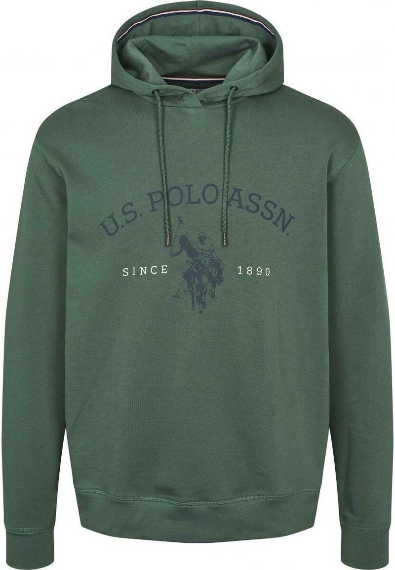 Zelená bavlněná mikina s kapucí na šňůrky, žebrovanými manžetami a předním logem s hráčem póla a textem: "U.S. POLO ASSN. SINCE 1890."