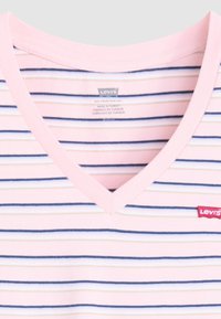 Striped short-sleeve t-shirt in pink with blue and cream horizontal stripes. V-neck design with a small red Levi's logo on the left chest.