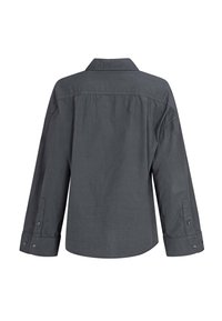 Chemise à manches longues gris foncé boutonnée, vue de dos avec un col classique et des poignets boutonnés.