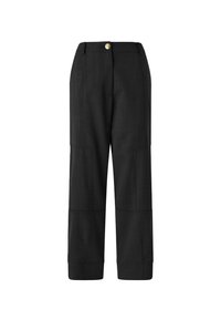 Pantaloni neri su misura con vita aderente, gamba dritta, texture sottile e dettagli di cuciture prominenti, chiusura con bottone color oro.