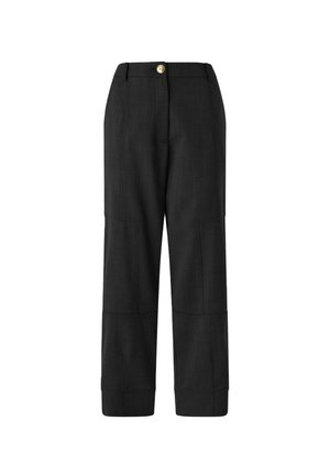 Pantaloni neri su misura con vita aderente, gamba dritta, texture sottile e dettagli di cuciture prominenti, chiusura con bottone color oro.