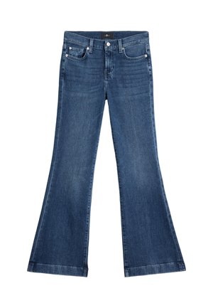 Jean en denim bleu foncé avec une taille haute, poches avant et arrière, et jambes évasées larges.