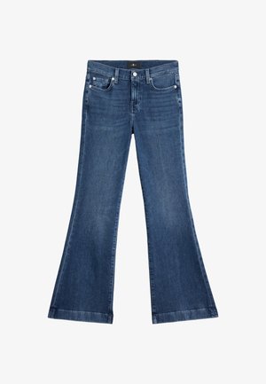 Jean en denim bleu foncé avec une taille haute, poches avant et arrière, et jambes évasées larges.