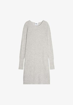 Jasnoszara dzianinowa sukienka o luźnym kroju, z długimi żeberkowymi rękawami i okrągłym dekoltem. Posiada prosty dół i fakturowany materiał.