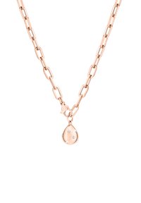 Halskette aus roségoldfarbenem Metall mit großen Gliedern, versehen mit einem Tropfenanhänger, der mit kleinen Edelsteinen verziert ist. Hochglänzende Oberfläche, modernes Design.