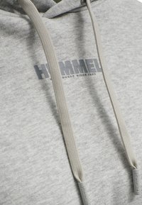 Haut à capuche gris avec une texture de tissu douce. Présente un logo imprimé bien visible, des cordons de tirage d'une teinte plus claire et des accents côtelés près de la capuche.