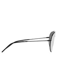 Occhiali da sole in stile black metal con lenti grigie rotonde e aste sottili e affusolate. Il design presenta uno stile minimalista con accenti di branding sottili.