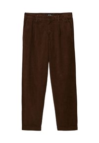 Pantalons en velours côtelé marron avec une coupe droite, présentant un léger ribbing vertical, deux poches avant et une taille lisse.