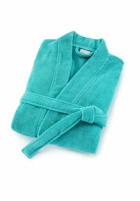 Turquoise bathrobe made of plush terry cloth. Features a shawl collar, belt, and stitched detailing, folded neatly with a tied belt.