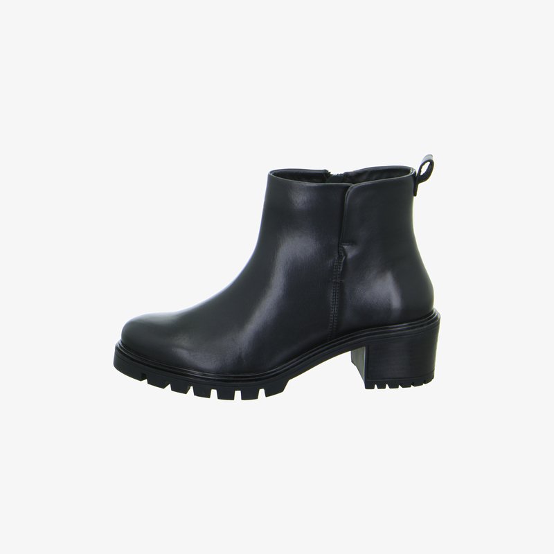 Black leather ankle boot with chunky heel, side zipper, and pull tab on a white background.