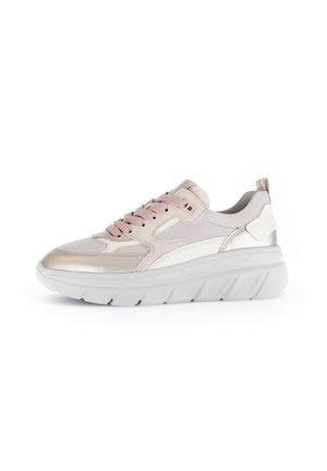 Women's sneaker with lightweight mesh and leather upper in light pink and white, featuring a thick white sole and metallic accents.