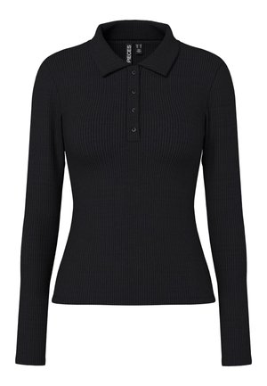 Svart ribbet langermet polo med krage og fire knappestolper. Har en tettsittende fasong og glatt tekstur.
