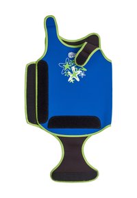 Gilet de combinaison bleu avec des bordures vertes, doté de sangles en Velcro, d'un imprimé d'étoiles de mer et d'un design avec trou pour le pouce pour un enfilage facile.