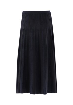 Black pleated skirt featuring a textured, soft fabric with subtle shimmer, a fitted waistband, and an A-line silhouette.
