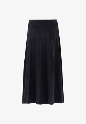 Black pleated skirt featuring a textured, soft fabric with subtle shimmer, a fitted waistband, and an A-line silhouette.