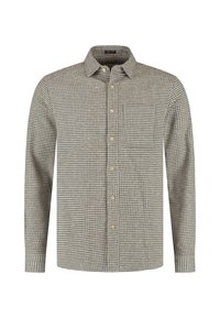 Camicia a maniche lunghe, con motivo a quadri verde e beige, dotata di taschino sul petto. Realizzata in tessuto testurizzato con colletto classico.