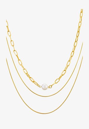 Zlatý viacvrstvový náhrdelník s oválnymi článkami a okrúlou perlou v strede. Hladký povrch s lesklým leskom.