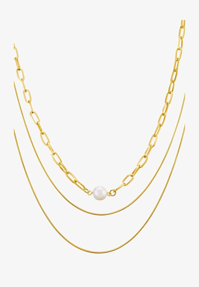 Kuldne mitmekihiline kaelakee, millel on ovaalsed lingid ja ühes keskmises osas ümmargune pärl. Sile tekstuur ning poleeritud läige.