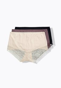 Drie paar ondergoed in licht beige, mauve en zwart. Elk heeft een soepel stoffen lichaam en ingewikkelde kanten rand aan de onderkant.