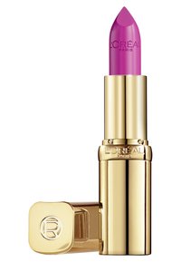 Rouge à lèvres L'Oréal Paris dans un tube doré avec un raisin violet vif. Le capuchon présente un logo circulaire et une finition lisse et brillante.