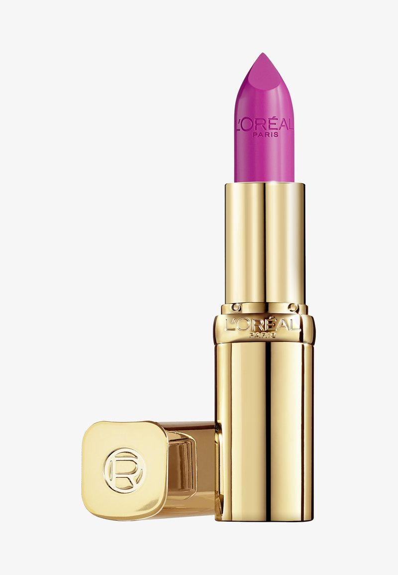 L'Oréal Paris Lippenstift in einer goldenen Hülse mit einer leuchtend lila Mine. Der Deckel zeigt ein kreisförmiges Logo und hat ein elegantes, glänzendes Finish.
