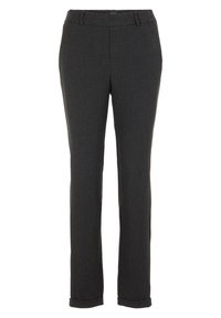 Dunkelgraue, maßgeschneiderte Hose mit glatter Textur, schmaler Passform und umgeschlagenen Säumen. Verfügt über einen flachen Bund und ein schlichtes Design.