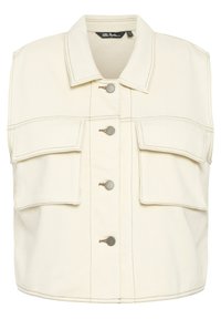 Giubbotto in denim senza maniche color crema con colletto, cinque bottoni e due ampie tasche frontali. Cuciture visibili in una tonalità contrastante.
