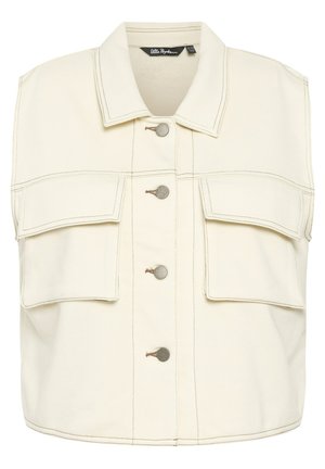 Cremfarbener ärmelloser Jeanswesten mit Kragen, fünf Knopfverschluss und zwei großen Fronttaschen. Sichtbare Nähte in einer kontrastierenden Farbe.