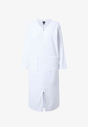 Long white zip-up coat with long sleeves, round neckline, and two front patch pockets, shown against a plain background.