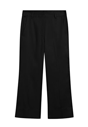 Pantalon noir droit avec poches avant et passants pour ceinture, conçu pour une tenue formelle ou professionnelle.