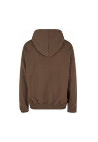 Sudadera marrón con un corte holgado, que presenta una capucha grande, puños de canalé y dobladillo elástico. Tejido suave con costuras mínimas. Se muestra la vista trasera.