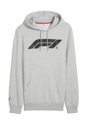 Hanorac gri cu un logo negru pe față, cu sireturi la gât și o buzunar tip cangur. Fabricat dintr-un material moale și texturat.