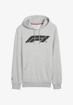 Hanorac gri cu un logo negru pe față, cu sireturi la gât și o buzunar tip cangur. Fabricat dintr-un material moale și texturat.